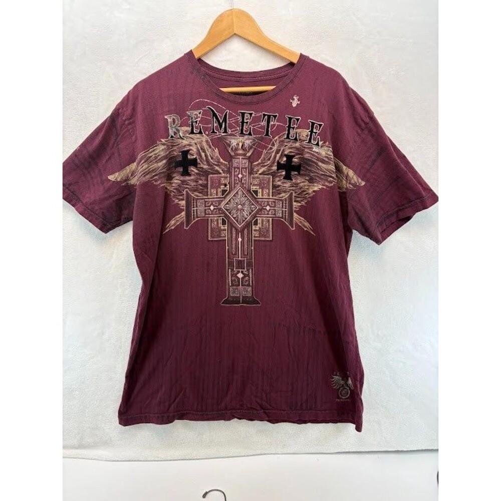 Men's Remetee Y2K Graphic T‎ Shirt Size XXl Maroon Cross and Angel Wings